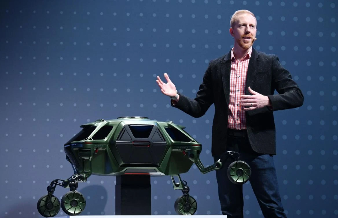 David Byron of Sundberg-Ferar, an industrial design consultancy, which is working with Hyundai on the Elevate project, shows a small-scale model on the eve of the Consumer Electronics Show in Las Vegas. (AFP)