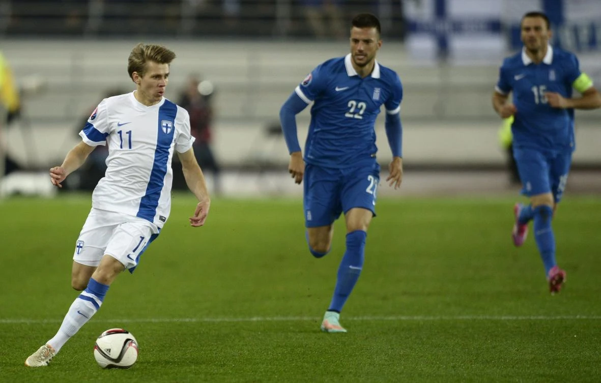 Riku Riski, in acton for Finland against Greece, has refused to play in Qatar over human rights concerns. (Supplied)