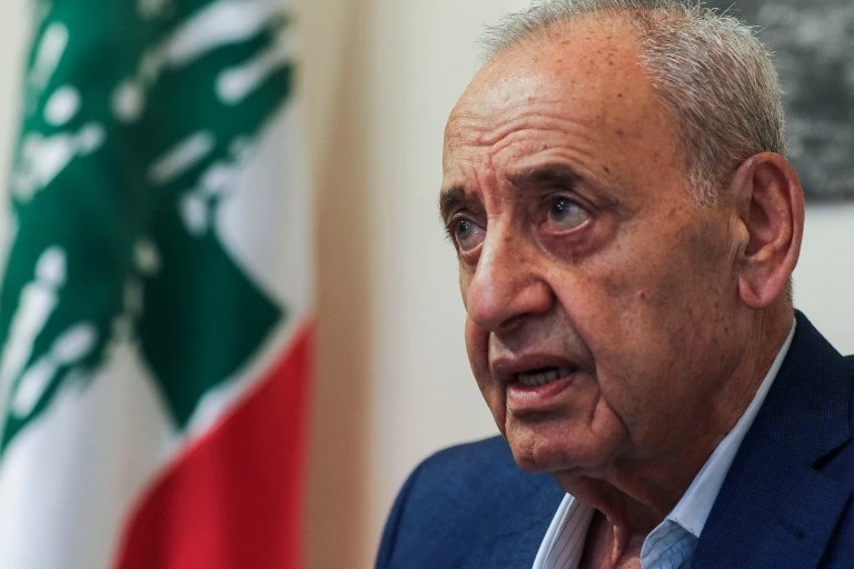 Longtime Lebanese Parliament Speaker Nabih Berri gives an interview with AFP in his home on Msaileh, south of the southern port city of Sidon, on May 8, 2018. (AFP)