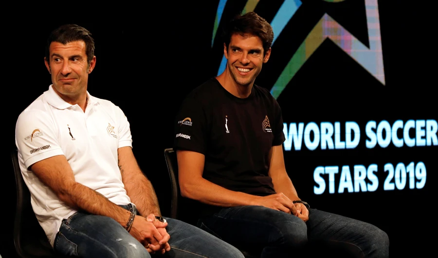 Former soccer players Ricardo Kaka of Brasil and Luis Figo of Portugal attend on Thursday a launch of the football promoting event, "World Soccer Stars 2019," planned for April 2019, in Karachi. (Reuters)