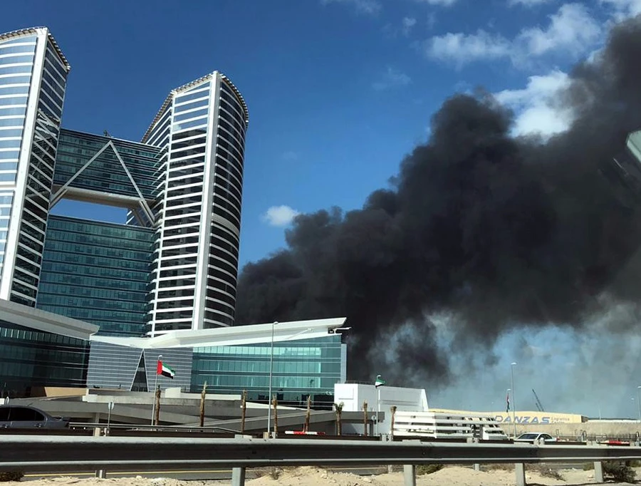 Firefighters were still at the scene after the blaze broke out at a recycling factory in Jebel Ali. (Arab News)