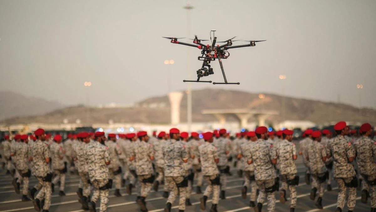 A drone is used to record a military parade by Saudi security forces. (AP Photo)