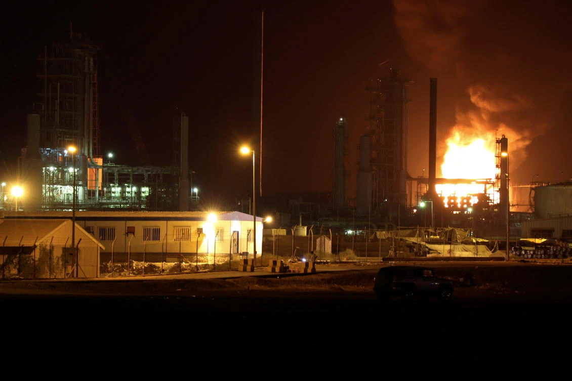 Fire engulfs an oil storage tank at the Aden oil refinery following an explosion in Aden, (Reuters)