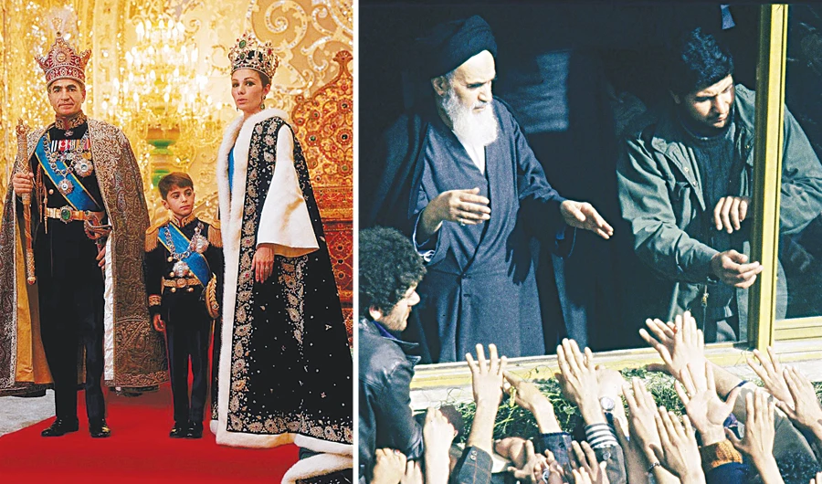 Shah Mohammed Reza Pahlavi with his third wife Farah and their son Reza (left). Ayatollah Ruhollah Khomeini (right). (AFP)
