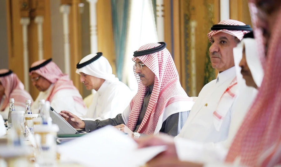 Saudi Economy Minister Mohammed bin Maziad Al-Tuwaijri chairs the Saudi-UAE Coordination Council meeting in Abu Dhabi on Saturday. (SPA)