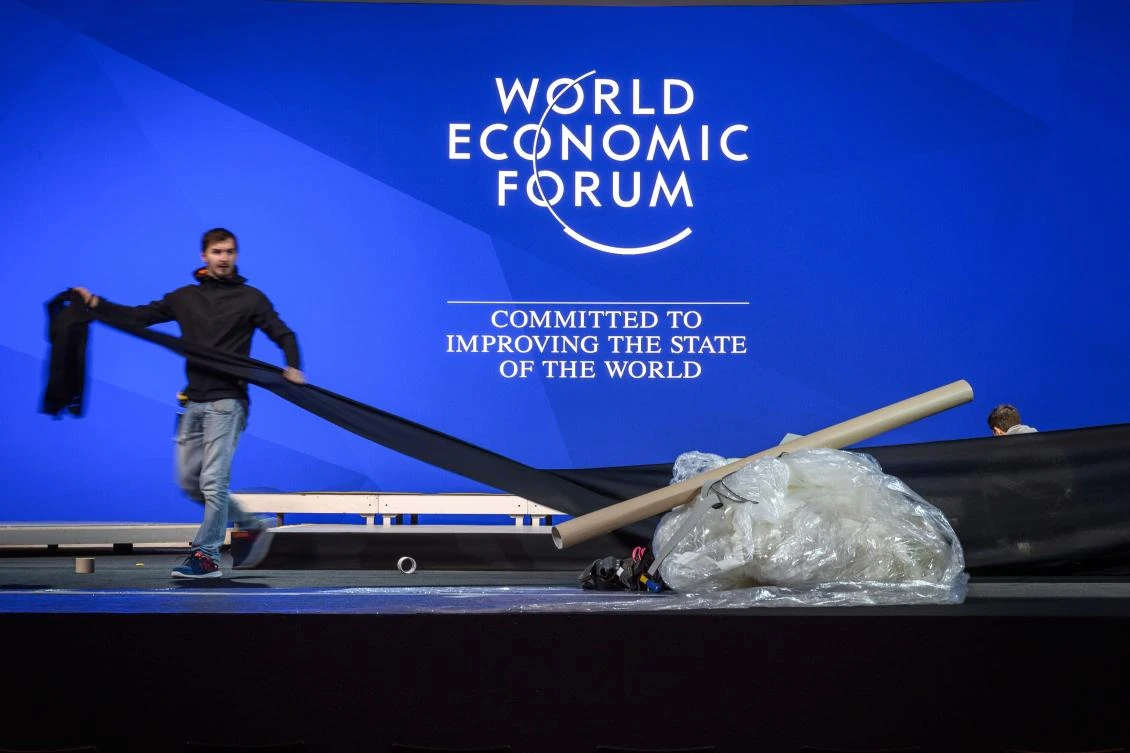 Staff prepare the congress hall ahead of the opening of the 2019 World Economic Forum (WEF) annual meeting on January 20, 2019 in Davos, eastern Switzerland. (AFP)