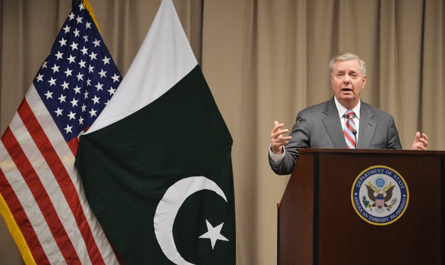 US Senator Lindsey Graham holds a media conference at the US embassy in Islamabad, Pakistan, on Sunday. (AFP)