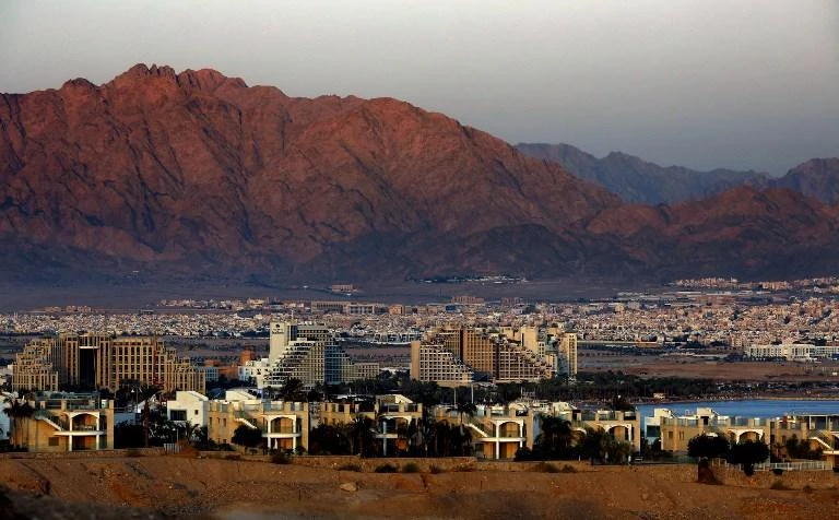 Ramon Airport is about 18 kilometers from the Israeli Red Sea resort of Eilat and the adjacent Jordanian port of Aqaba, above. (AFP)
