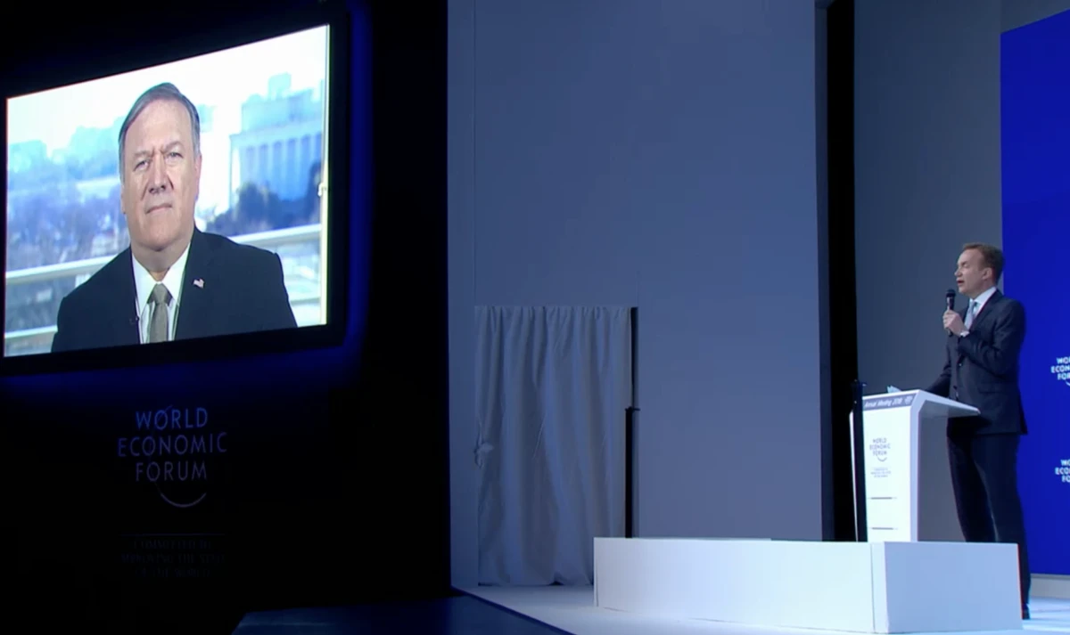 US Secretary of State Mike Pompeo joined WEF19 in Davos - albeit via video-link. (Screenshot/WEF)