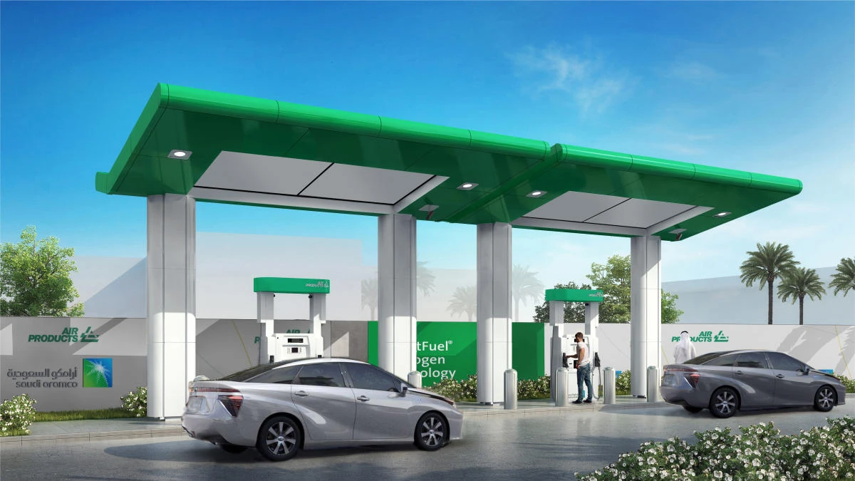 A computer generated image of Saudi Arabia's first hydrogen fuel cell filling station. (Supplied)