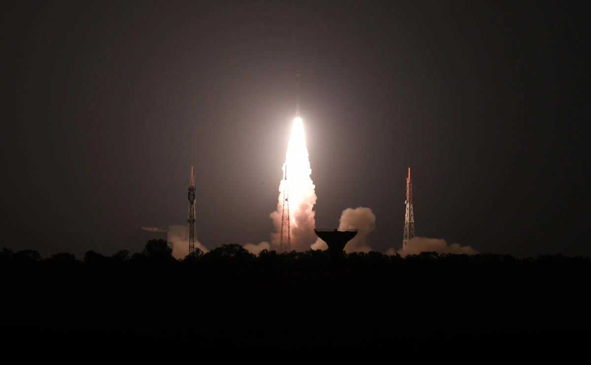 The Indian Space Research Organization launches the miniature satellite Kalamsat V2, built at a cost of 1.2 million rupees, with other payload at the Sriharikota space center in southern Andhra Pradesh state on Thursday. (AFP)