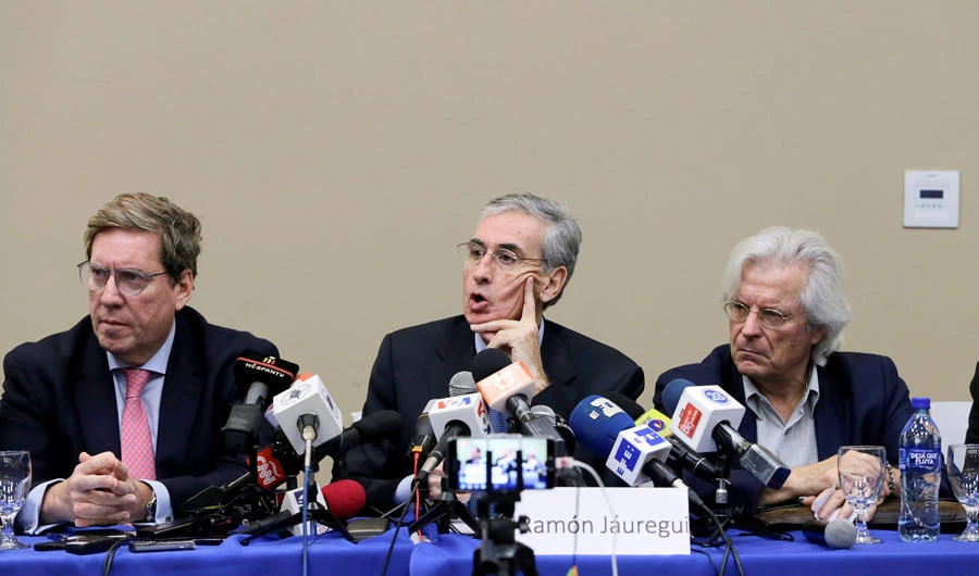 Spain's member of the European Parliament Ramon Jauregui addresses the media next to his colleagues Gabriel Mato and Javier Nart during a news conference at the end of their visit to Nicaragua to address the current political crisis of the Nicaraguan people in Managua on January 26, 2019. (REUTERS/Oswaldo Rivas)