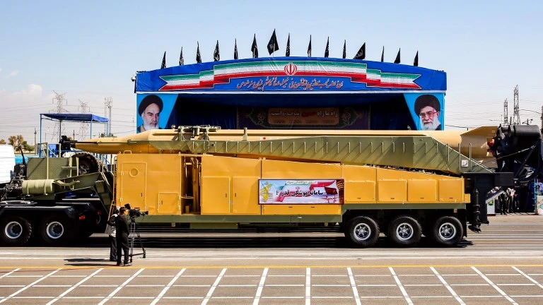 The long-range missile ‘Ghadr F’ on display during the annual Iranian military parade on September 22, 2018 to mark the anniversary of the outbreak of the 1980-1988 war with Saddam Hussein’s Iraq. (AFP)