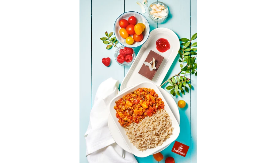 Emirates business class vegan meal — sweet potato, lentil and spinach ragout with brown rice served with moist chocolate cake and raspberry compote for dessert.