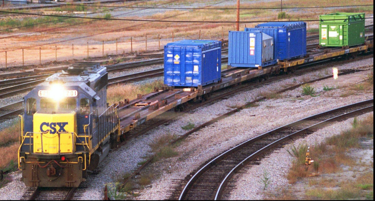 In this Sept. 29, 1994 file photo, a CSX Train with spent nuclear fuel passes through Florence, S.C., on its way to Savannah River Site Weapons Complex near Aiken S.C. Nevada and South Carolina are jostling for a home-field advantage of sorts in a federal court battle that could result in a metric ton of weapons-grade plutonium being stored 70 miles from Las Vegas. (AP)