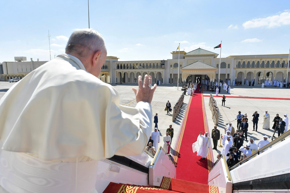 Pope Francis gestures during a farewell ceremony before leaving Abu Dhabi. (Vatican Media via Reuters)