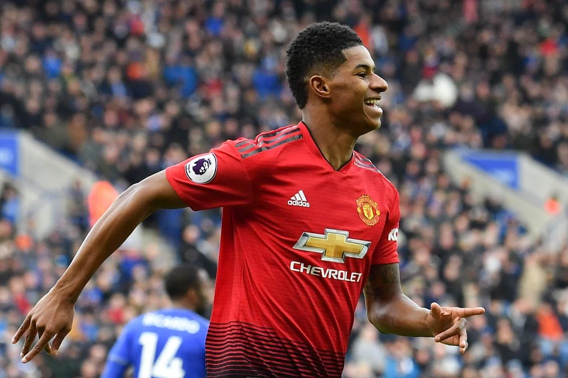 Marcus Rashford celebrates after scoring the opening goal for Manchester United against Leicester City. (AFP)