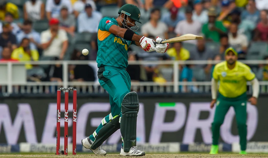 Pakistan's Babar Azam misses a shot during the T20I cricket match between South Africa and Pakistan at Wanderers Stadium in Johannesburg, South Africa, on Sunday. (AP)
