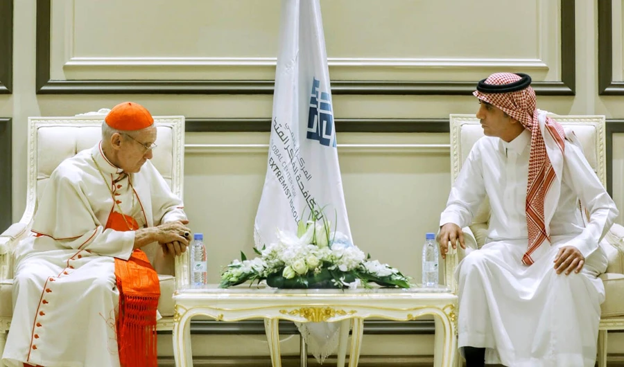 In this file photo, Roman Catholic Cardinal Jean-Louis Tauran (L) and Etidal Secretary-General Dr. Nasir al-Biqami meet during a visit by a delegation led by the cardinal at the Global Center for Combating Extremist Ideology (Etidal) headquarters in Riyadh on April 18, 2018. A future papal visit may include Saudi Arabia, leading religious figures told Arab News on Feb. 4, 2019 as Pope Francis began his visit to the UAE. (AFP file photo)