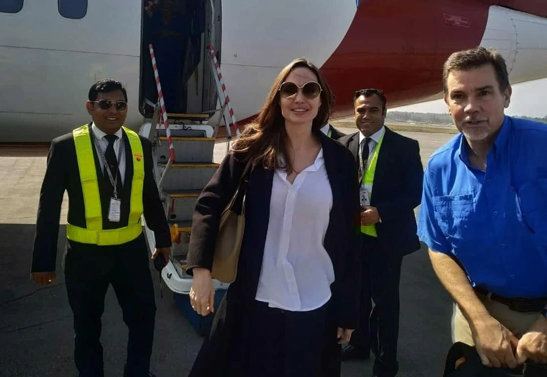 Angelina Jolie, a special envoy for the United Nations High Commissioner for Refugees (UNHCR), arrives at Cox’s Bazar Airport, ahead of a visit to nearby Rohingya refugee camps. (AFP)