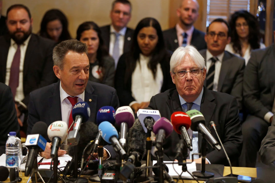 United Nations Special Envoy to Yemen Martin Griffiths, left, and International Committee of the Red Cross President Peter Maurer brief the during a new round of talks on a prisoners swap deal in Yemen. (Reuters)