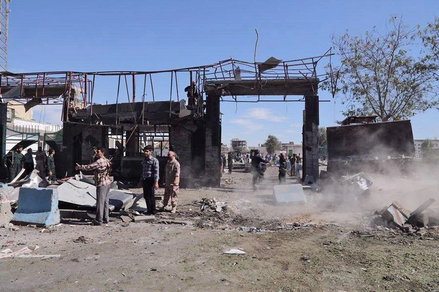 A general view of the scene of a car bombing in front of a police station in the city of Chabahar in December 2018. (File/AFP)