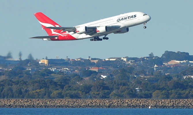 Qantas flight QF1, an Airbus A380-800 aircraft, takes off from Sydney International Airport above Botany Bay in Australia. (REUTERS File Photo)