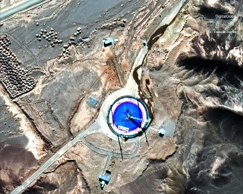 This Feb. 6, 2019, satellite image provided by DigitalGlobe shows an empty launch pad and a burn mark on it at the Imam Khomeini Space Center in Iran's Semnan province. (AP)