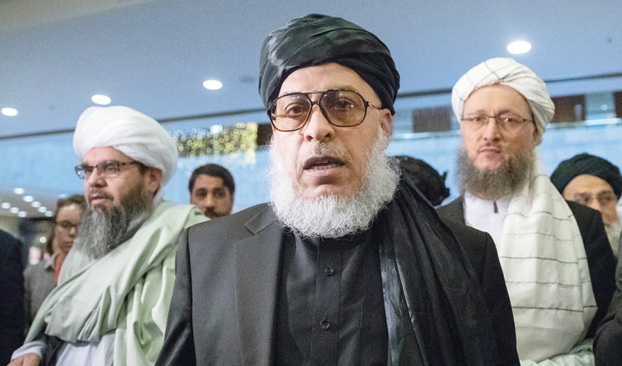 Taliban political chief Mohammad Abbas Stanekzai, center, attends the “intra-Afghan” talks in Moscow Wednesday. (AP)