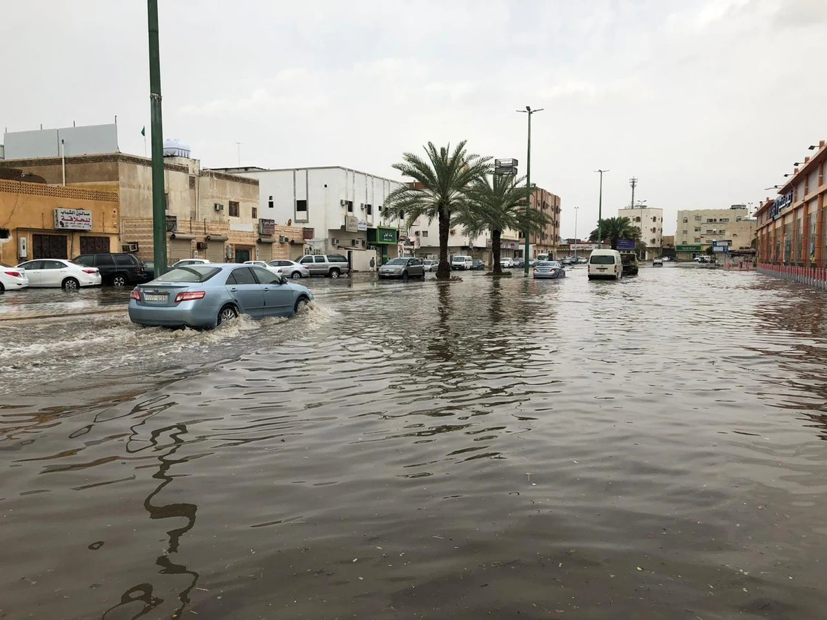 Civil defense teams in western Saudi Arabia retrieved the body of an elderly man and saved 111 people from heavy rains that hit the area. (SPA/Saudi Civil Defense)