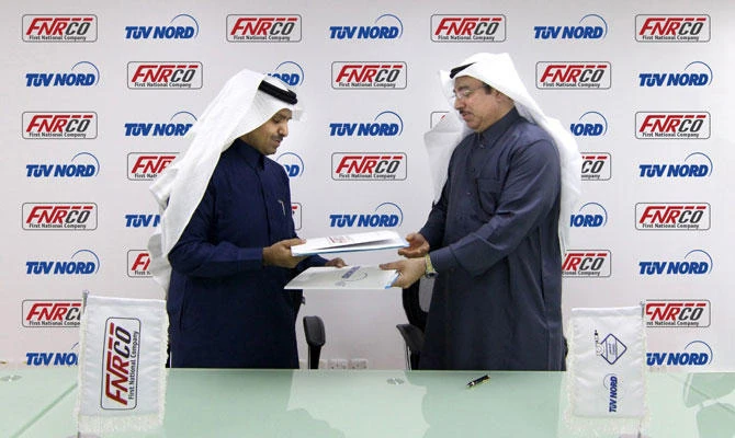 The contract was signed by Ali Jaber Al-Mahan, general manager of FNRCO, and Jamal Al-Baeejan, chief executive of FAHSS TUV NORD in Saudi Arabia. (Supplied)