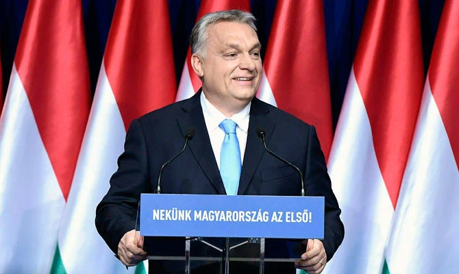 Hungarian Prime Minister Viktor Orban delivers his annual "State of Hungary" speech in Budapest, Hungary, Sunday, Feb. 10, 2019. (AP)