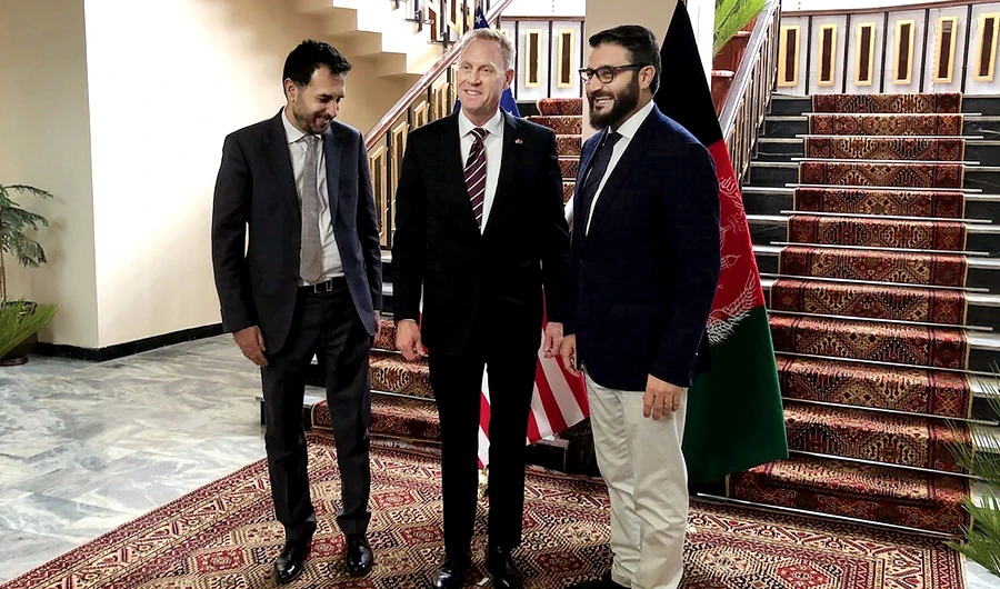 Acting Pentagon chief Patrick Shanahan, center, with Afghanistan's acting Defense Minister Asadullah Khalid, left, and Afghan National Security Adviser Hamdullah Mohib in Kabul on Monday. (AFP)