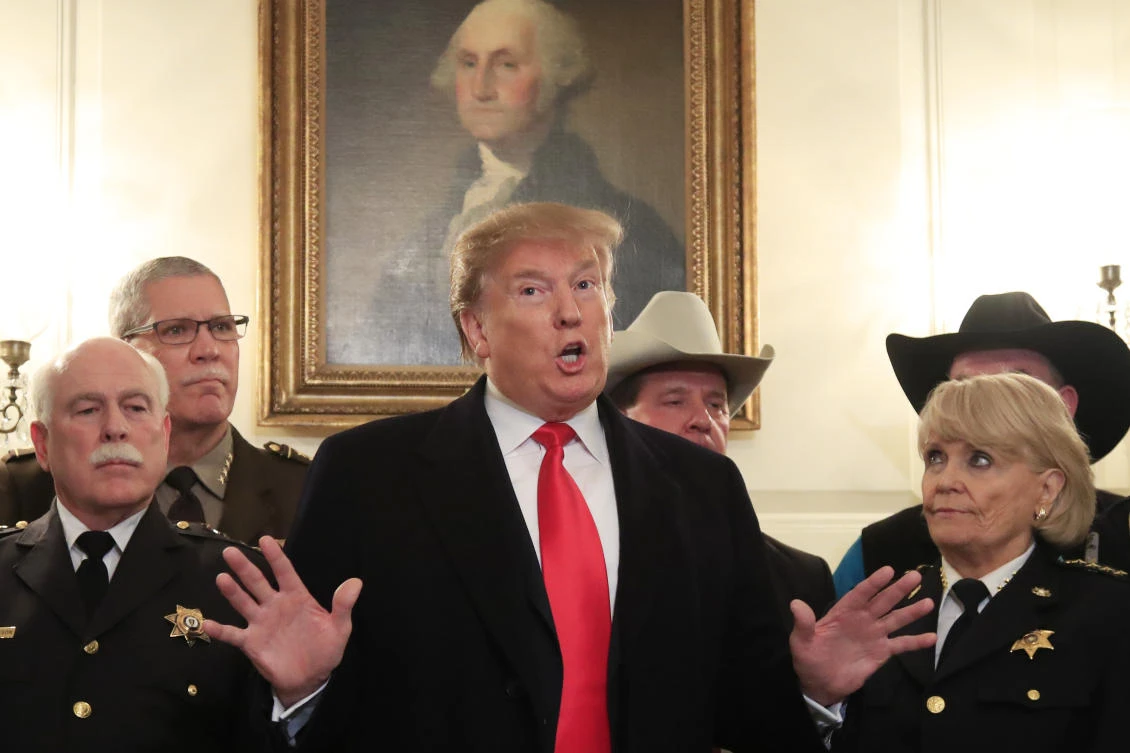 President Donald Trump speaks during a meeting with a group of sheriffs from around the country before leaving the White House in Washingto on Feb. 11, 2019, for a trip to El Paso, Texas. (AP Photo/Manuel Balce Ceneta)