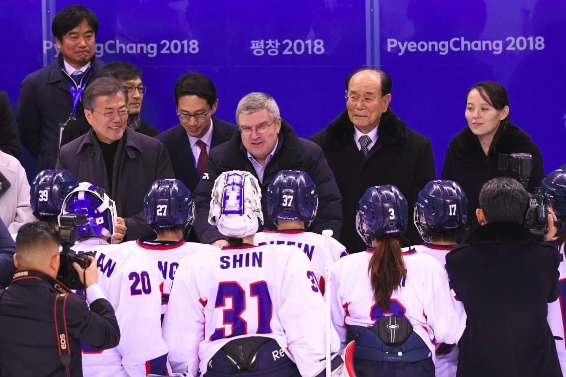North and South Korean leaders meet the Unified Korea team players after the women’s preliminary round ice hockey match between Switzerland and the Unified Korean team during the Pyeongchang 2018 Winter Olympic Games at the Kwandong Hockey Center in Gangneung. (FOCUS by Sunghee Hwang)