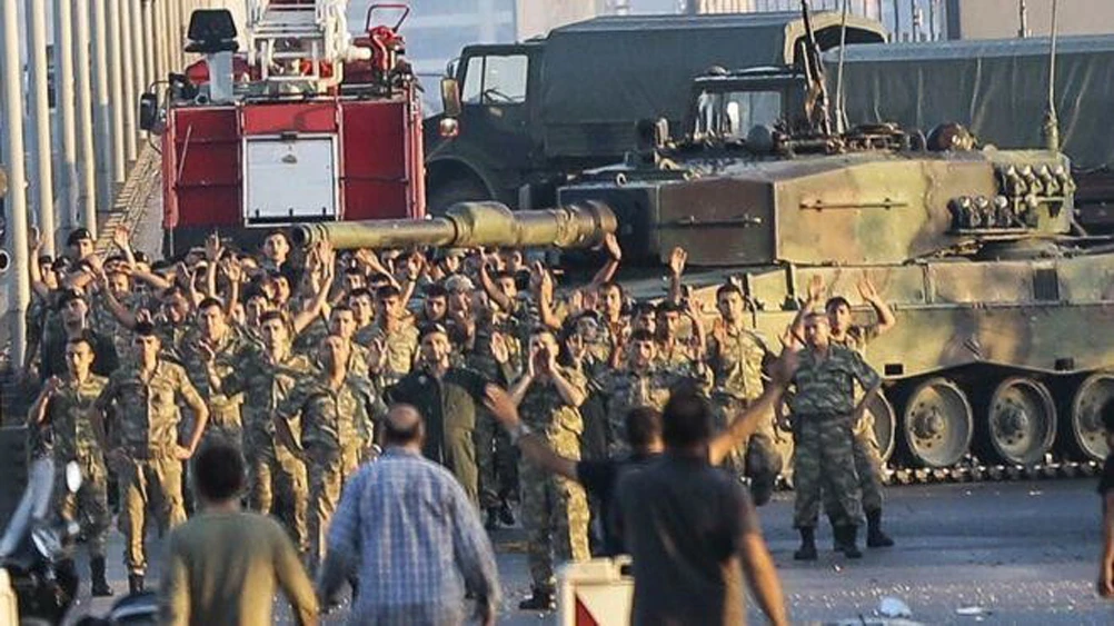 Soldiers involved in the 2016 coup surrender on a bridge over the Bosphorus. (Getty Images)