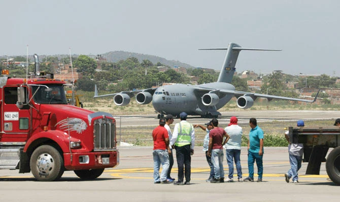 A US Air Force C-17 cargo plane loaded with humanitarian aid after landing at Camilo Daza airport in Cucuta, Colombia, Saturday. (AP)