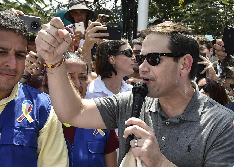 US senator Marco Rubio addresses the press on the humanitarian aid shipments sent by the US government for Venezuela that are stockpiled at a collection center in the Colombian border, at the Simon Bolivar international bridge in Cucuta, Colombia on February 17, 2019. (AFP / Luis Robayo)