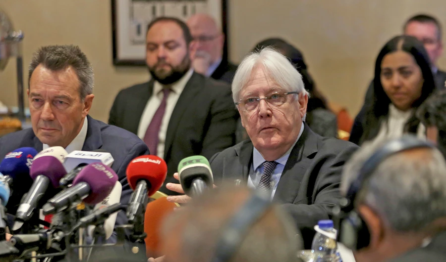 Yemeni security officials said sunday, Feb. 17, 2019, that Griffiths arrived in the Yemeni capital, Sanaa, to discuss the "complex situation" in and around the key port city of Hodeidah. (AP Photo/Raad Adayleh, File)