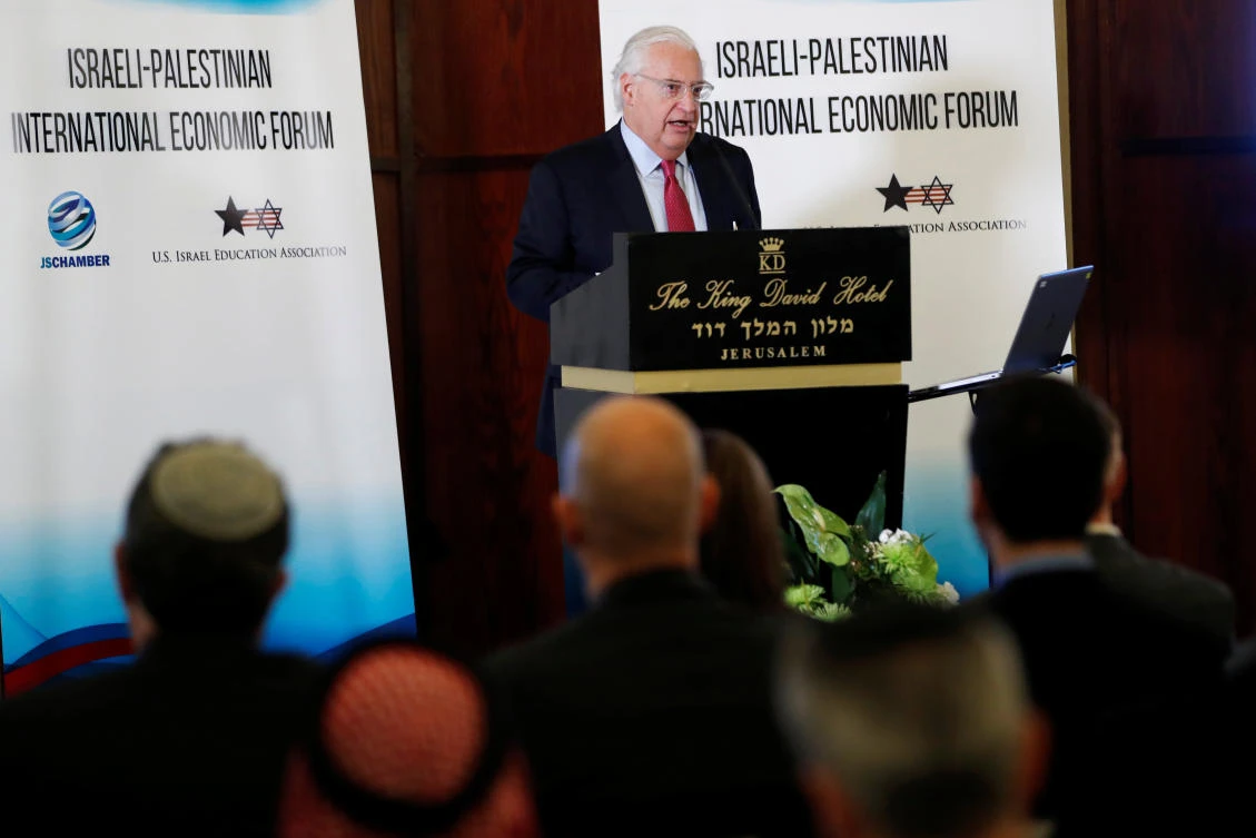 David Friedman, the U.S. Ambassador to Israel, speaks at the Israeli-Palestinian International Economic Forum in Jerusalem February 21, 2019. (Reuters)