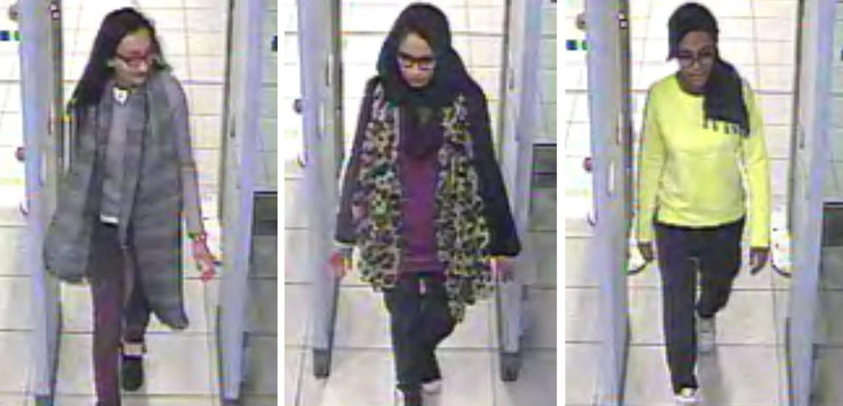 This file handout image of a three image combo of stills taken from CCTV issued by the Metropolitan Police shows Kadiza Sultana, left, Shamima Begum, center, and Amira Abase going through security at Gatwick airport, south England, before catching their flight to Turkey. (Metropolitan Police via AP)