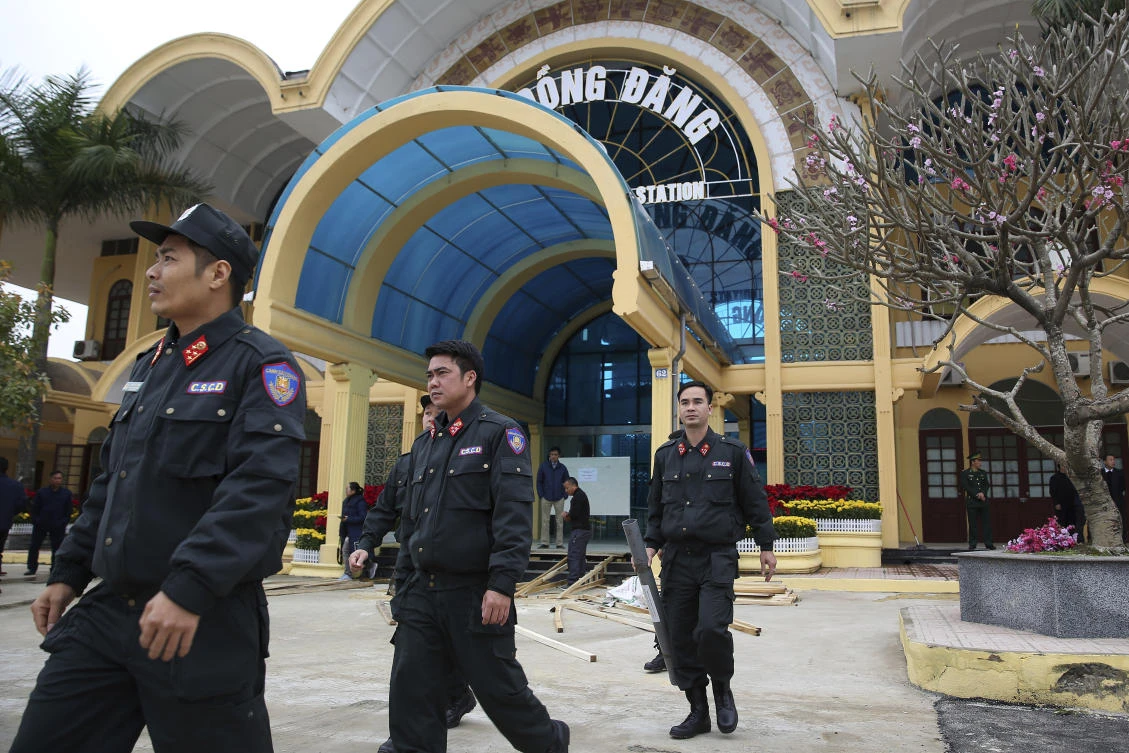 Police secure Dong Dang train station where North Korean leader Kim Jong-un is expected to arrive. (AP)
