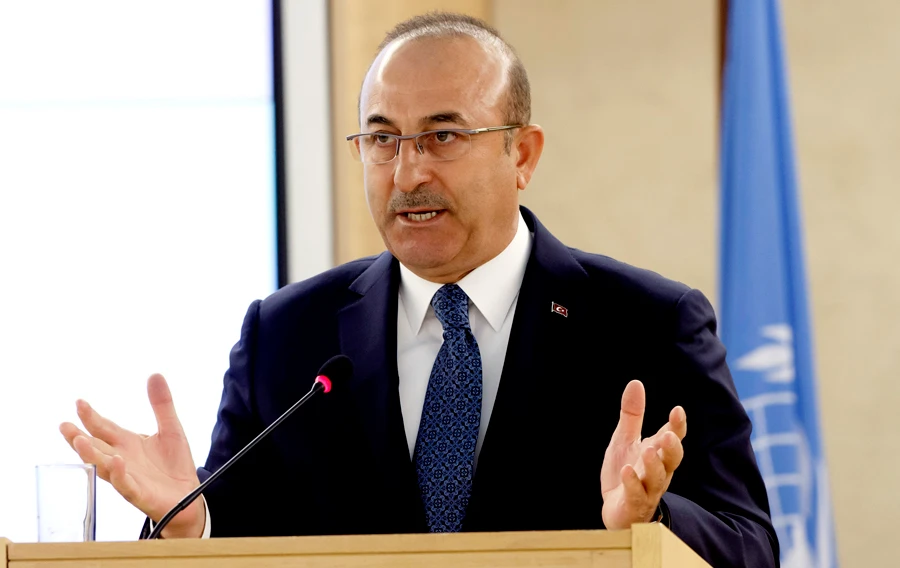 Turkish Foreign Minister Mevlut Cavusoglu addresses his statement during the High-Level Segment of the 40th session of the Human Rights Council, at the European headquarters of the United Nations in Geneva, Switzerland, on Monday, Feb. 25, 2019. (AP)