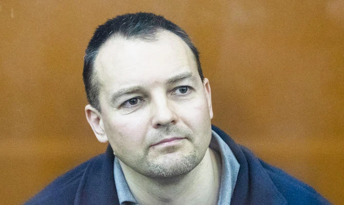 The former chief of the cybercrime department at Russia's main domestic security agency Sergei Mikhailov attends a hearing in a court in Moscow, Russia, Tuesday, Feb. 26, 2019. (AP)