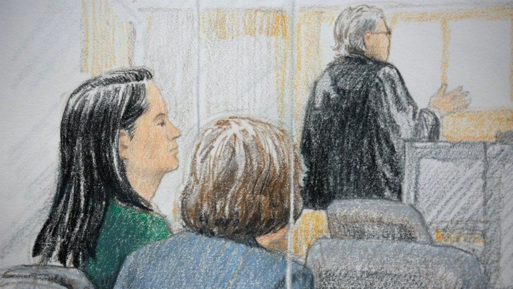Huawei CFO Meng Wanzhou (L), who was arrested on an extradition warrant, appears at her Supreme Court bail hearing in a drawing in Vancouver, British Columbia, Canada, December 7, 2018. (Reuters)