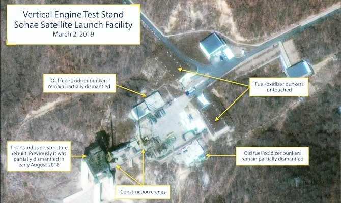 The Sohae Satellite Launching Station features what researchers of Beyond Parallel, a CSIS project, describe as the vertical engine stand partially rebuilt with two construction cranes, several vehicles and supplies laying on the ground in a commercial satellite image taken over Tongchang-ri, North Korea on March 2, 2019 and released March 5, 2019. (Reuters)