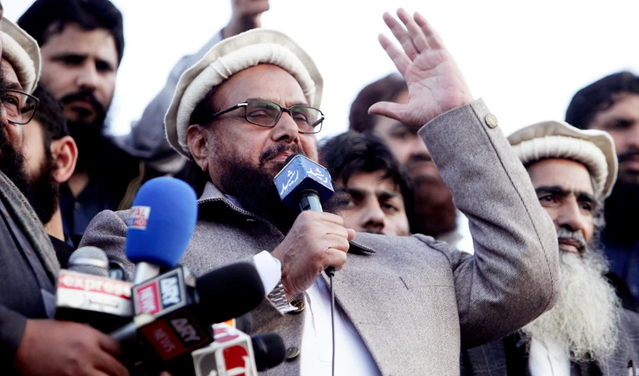 In this Feb. 5, 2019 file photo, Hafiz Saeed, chief of Pakistani religious group Jamaat-ud-Dawa, addresses a rally in Lahore, Pakistan. (AP)