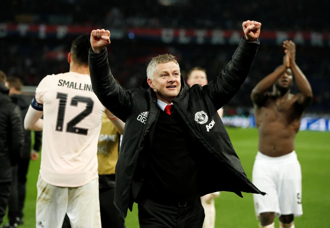 Manchester United interim manager Ole Gunnar Solskjaer celebrates after the epic match. (Action Images via Reuters)