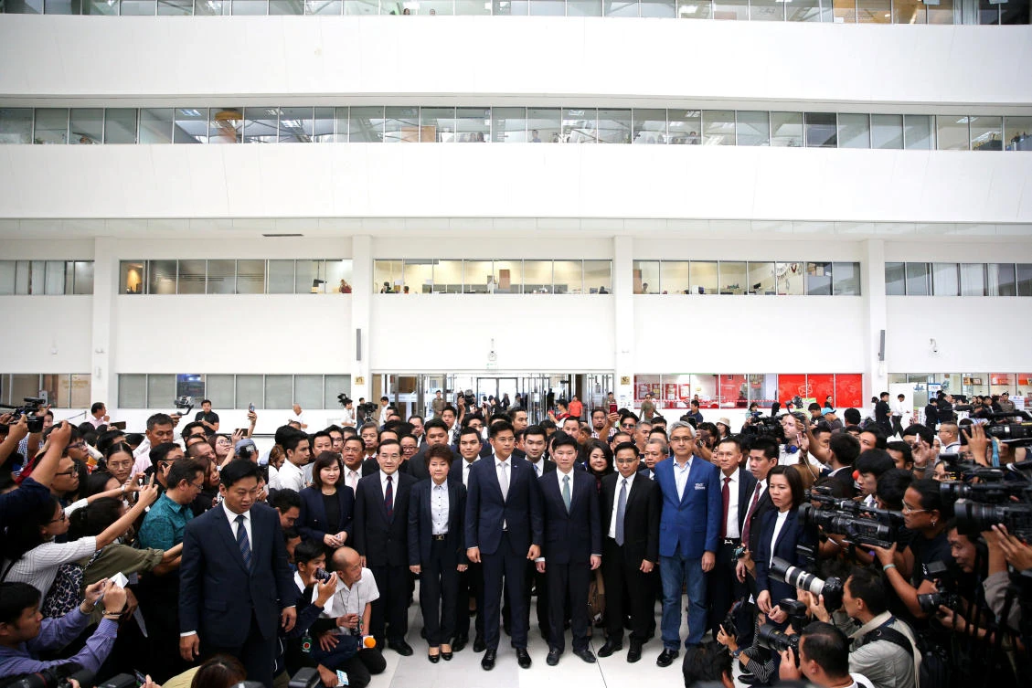 Thai Raksa Chart party leaders and members arrive at the Constitutional Court in Bangkok on Thursday, March 7, 2019. (Reuters)