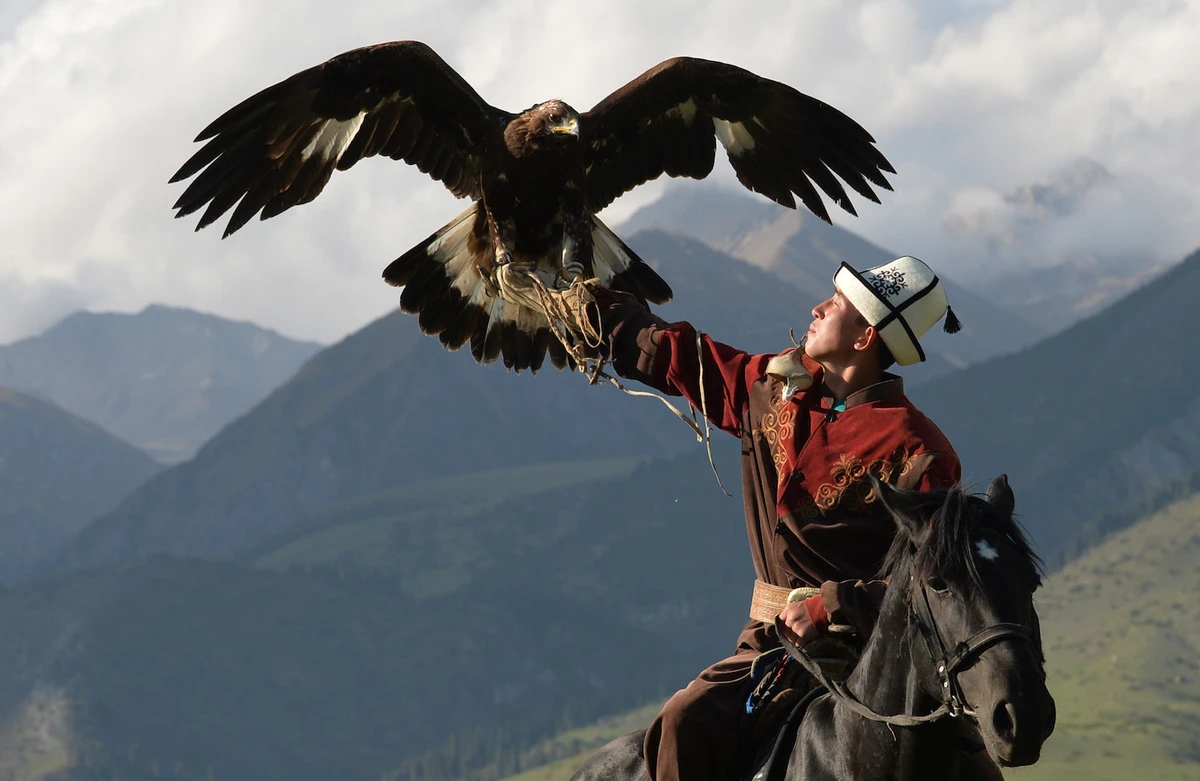 A Kyrgyz berkutchi (an eagle hunter) holds his bird, a golden eagle, during the World Nomad Games 2016 in the Kyrchin (Semenovskoe) gorge, some 300 km from Bishkek. (File/AFP)